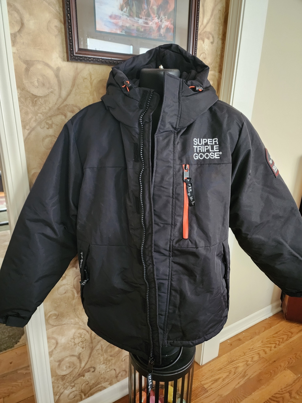 Super Triple Goose Black Winter Parka Jacket Hooded Insulated Coat Size L Warm